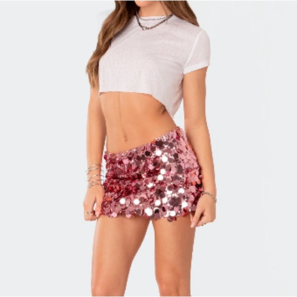Edikted Pink Sequin Mini Skirt